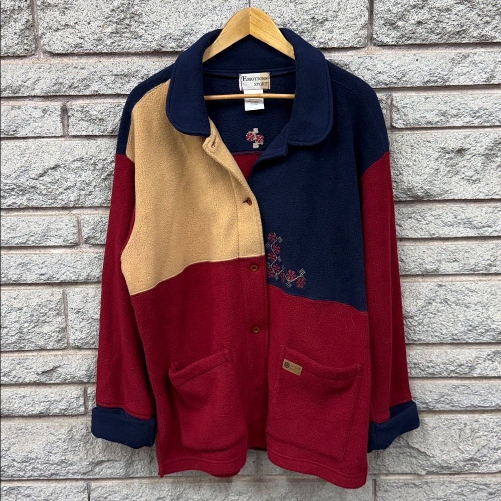 Vintage Color Block Fleece Jacket with Embroidery
